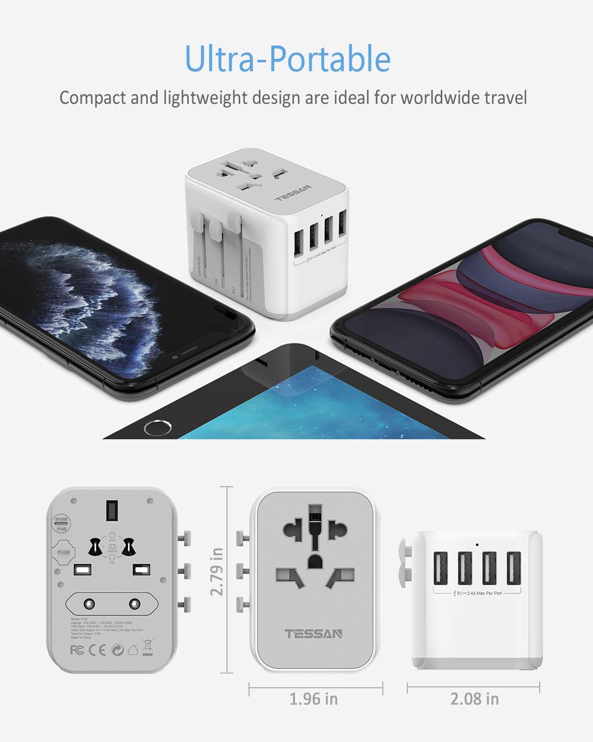 TESSAN Universal Adapter International Travel Adapter USB Charger Multi Ports with 4 USB Outlets, Universal Traveller Power Plug Travel Adaptor Universal, Worldwide All in One Wall Charger Converter f